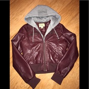 Faux Leather Burgundy Moto Jacket with Hood